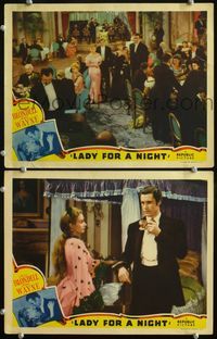 4g413 LADY FOR A NIGHT 2 movie lobby cards '41 John Wayne & Joan Blondell at party!