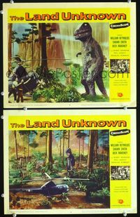 4g419 LAND UNKNOWN 2 LCs '57 a paradise of hidden terrors, images of cheesy dinosaur & helicopter!