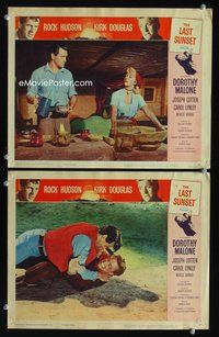 4g426 LAST SUNSET 2 movie lobby cards '61 Rock Hudson wrestles Kirk Douglas!