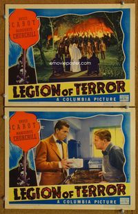4g433 LEGION OF TERROR 2 movie lobby cards '36 Bruce Cabot, Ku Klux Klan ceremony, wild border art!