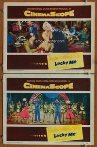 4g455 LUCKY ME 2 lobby cards '54 sexy Doris Day hits man w/pie while wacky Phil Silvers watches!