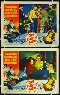 4g457 LUSTY MEN 2 movie lobby cards '52 border art of Robert Mitchum & Susan Hayward, a fast thrill!