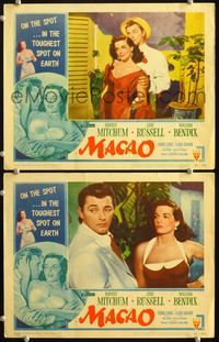 4g459 MACAO 2 movie lobby cards '52 Robert Mitchum with sexy Jane Russell!