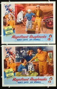 4g467 MAGNIFICENT ROUGHNECKS 2 movie lobby cards '56 oil workers Jack Carson & Mickey Rooney!