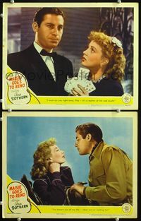 4g470 MAISIE GOES TO RENO 2 movie lobby cards '44 Ann Sothern holding deck of cards, John Hodiak!