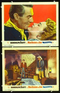 4g471 MAN BEHIND THE GUN 2 lobby cards '52 great close up of Randolph Scott & pretty Patrice Wymore!