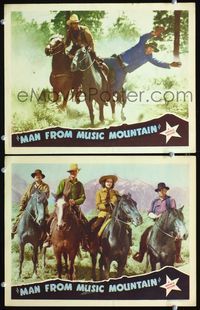 4g472 MAN FROM MUSIC MOUNTAIN 2 movie lobby cards '43 Roy Rogers knocking man off his horse!