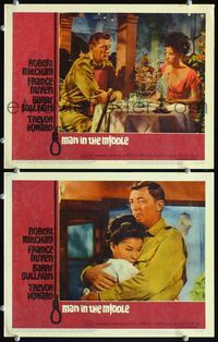 4g474 MAN IN THE MIDDLE 2 movie lobby cards '64 Robert Mitchum & France Nuyen eat together, embrace!