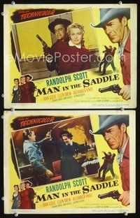 4g475 MAN IN THE SADDLE 2 lobby cards '51 tough cowboy Randolph Scott, Joan Leslie, Ellen Drew!