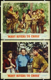 4g479 MANY RIVERS TO CROSS 2 movie lobby cards '55 Robert Taylor as frontiersman, Eleanor Parker!