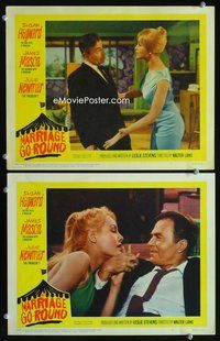 4g483 MARRIAGE-GO-ROUND 2 lobby cards '60 James Mason has a problem and it is sexy Julie Newmar!