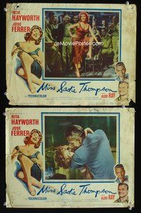 4g509 MISS SADIE THOMPSON 2 movie lobby cards '54 cool image of sexy Rita Hayworth in red dress!