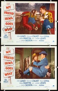 4g529 MY FRIEND IRMA GOES WEST 2 movie lobby cards '50 wacky image of screwball Jerry Lewis w/chimp!