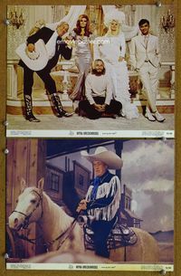 4g531 MYRA BRECKINRIDGE 2 11x14s '70 Mae West, Raquel Welch & cast w/John Huston on horseback!