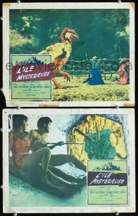 4g532 MYSTERIOUS ISLAND 2 movie lobby cards '61 Ray Harryhausen, Jules Verne sci-fi, wild monsters!