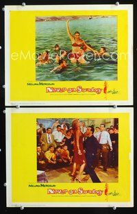 4g536 NEVER ON SUNDAY 2 movie lobby cards '60 sexy Melinda Mercouri in swimsuit, dancing!