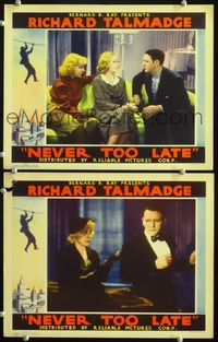 4g537 NEVER TOO LATE 2 lobby cards '35 Richard Talmadge, cool border art of man hanging by wire!