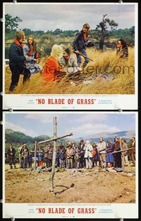 4g550 NO BLADE OF GRASS 2 movie lobby cards '71 Nigel Davenport & Jean Wallace looking for safety!