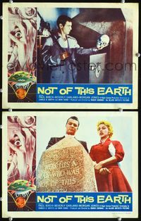 4g556 NOT OF THIS EARTH 2 lobby cards '57 classic border art of screaming girl & alien monster!