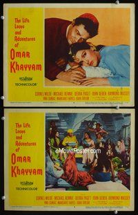 4g437 LIFE, LOVES AND ADVENTURES OF OMAR KHAYYAM 2 movie lobby cards '57 Cornel Wilde, Debra Paget!