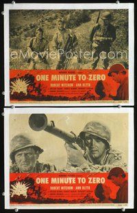 4g573 ONE MINUTE TO ZERO 2 movie lobby cards R56 Robert Mitchum w/rocket launcher, Howard Hughes!