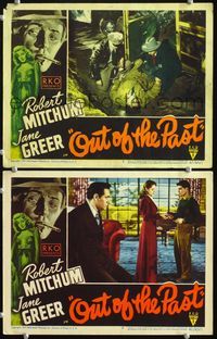 4g579 OUT OF THE PAST 2 LCs '47 great film noir border artwork of Robert Mitchum & Jane Greer!