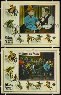 4g583 PAINTED PONIES 2 movie lobby cards '27 cowboy Hoot Gibson, cool border art of rodeo riders!