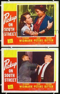 4g594 PICKUP ON SOUTH STREET 2 movie lobby cards '53 Sam Fuller noir, Richard Widmark, Jean Peters!