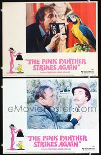 4g596 PINK PANTHER STRIKES AGAIN 2 lobby cards '76 Peter Sellers is Inspector Clouseau w/parrot!