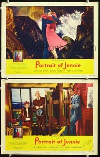 4g604 PORTRAIT OF JENNIE 2 movie lobby cards '49 Ethel Barrymore & Joseph Cotten look at painting!