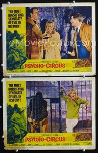 4g618 PSYCHO-CIRCUS 2 movie lobby cards '67 Christopher Lee, Suzy Kendall, wild horror border art!
