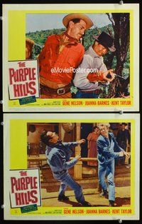 4g622 PURPLE HILLS 2 movie lobby cards '61 Gene Nelson fighting & wrestling for gun!