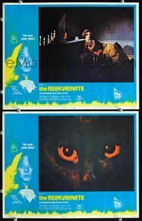 4g636 REINCARNATE 2 movie lobby cards '71 no Heaven, no Hell, no guilt, creepy image of cat eyes!