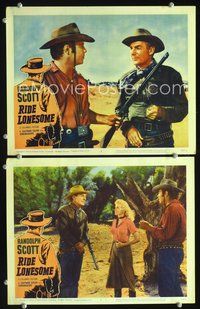 4g644 RIDE LONESOME 2 lobby cards '59 cowboy Randolph Scott, Karen Steele, Budd Boetticher directed!
