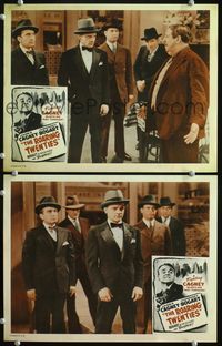 4g649 ROARING TWENTIES 2 movie lobby cards R1956 gangster James Cagney, cool border art!