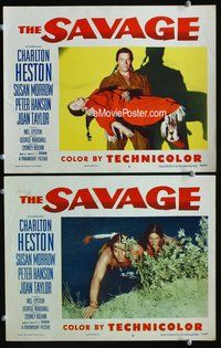 4g672 SAVAGE 2 movie lobby cards '52 Charlton Heston as Native American Indian!