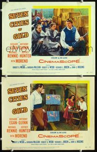 4g684 SEVEN CITIES OF GOLD 2 movie lobby cards '55 Richard Egan, Anthony Quinn, Michael Rennie!
