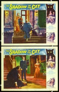 4g686 SHADOW OF THE CAT 2 movie lobby cards '61 stare into its eyes if you dare, cast w/dead body!