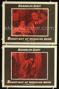 4g697 SHOOT-OUT AT MEDICINE BEND 2 lobby cards '57 Preacher Randolph Scott wrote his sermon in lead!