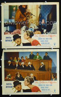 4g699 SILKEN AFFAIR 2 movie lobby cards '56 David Niven in courtroom, Roy Kellino directed!