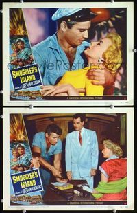 4g712 SMUGGLER'S ISLAND 2 lobby cards '51 Jeff Chandler holding sexy Evelyn Keyes & laying out plan!