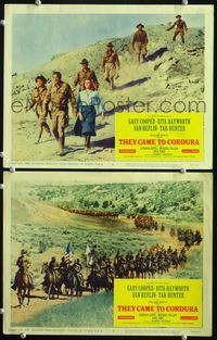 4g793 THEY CAME TO CORDURA 2 movie lobby cards '59 Gary Cooper & Rita Hayworth march in the desert!