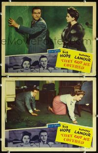 4g794 THEY GOT ME COVERED 2 movie lobby cards '43 Bob Hope crawls on the floor w/Dorothy Lamour!
