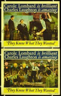 4g795 THEY KNEW WHAT THEY WANTED 2 movie lobby cards '40 Charles Laughton making a toast!