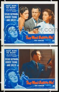 4g799 THEY WON'T BELIEVE ME 2 lobby cards R54 Susan Hayward, Robert Young, Jane Greer, film noir!