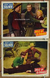 4g887 WEST OF EL DORADO 2 signed lobby cards '49 Johnny Mack Brown, autographed by Reno Browne!