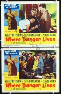 4g892 WHERE DANGER LIVES 2 movie lobby cards '50 dramatic images of Robert Mitchum & Faith Domergue!