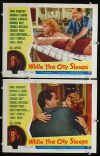 4g895 WHILE THE CITY SLEEPS 2 movie lobby cards '56 Fritz Lang noir, Rhonda Fleming!
