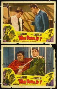 4g898 WHO DONE IT 2 movie lobby cards R48 Lou Costello at knife point and w/hanging man!