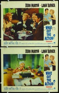 4g901 WHO'S GOT THE ACTION 2 lobby cards '62 Dean Martin, irresistible Lana Turner types in bathtub!